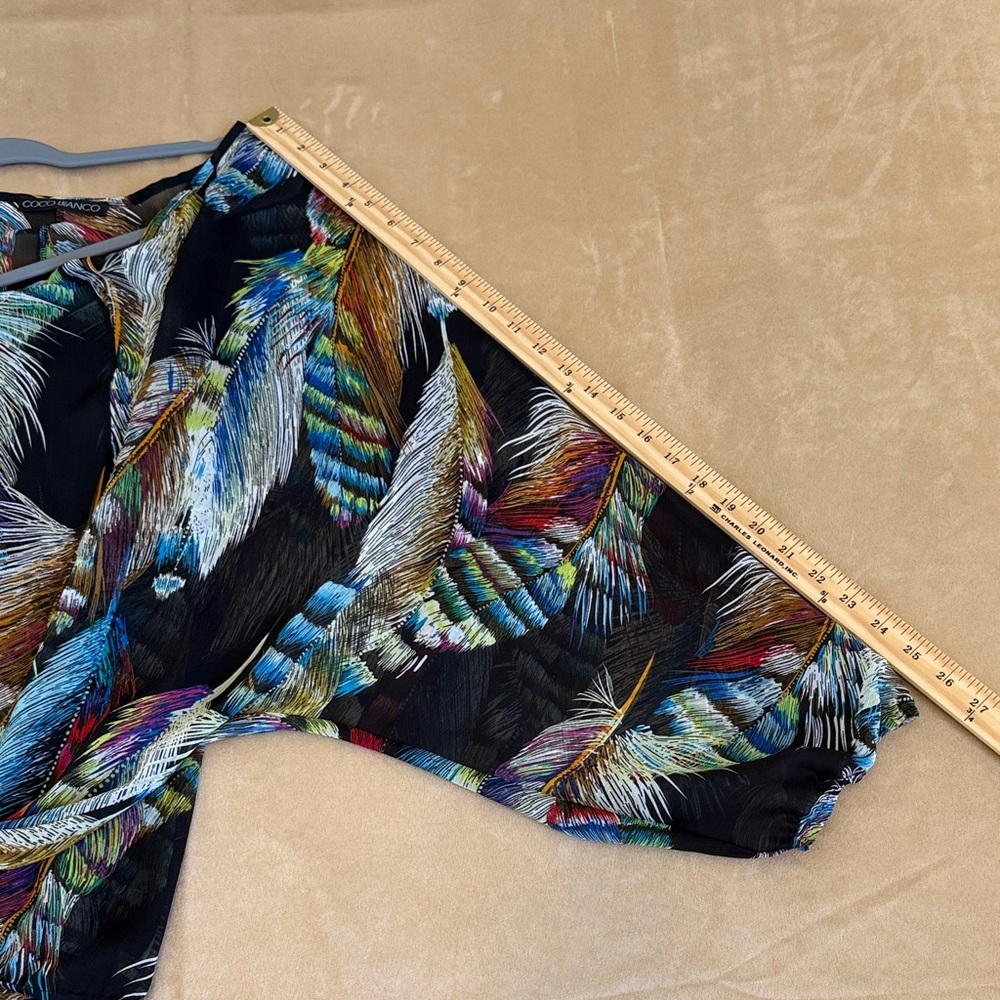 Coco Bianco Black Sheer Multicolor Feather Print Blouse/Top  Size L-XL - Picture 8 of 8